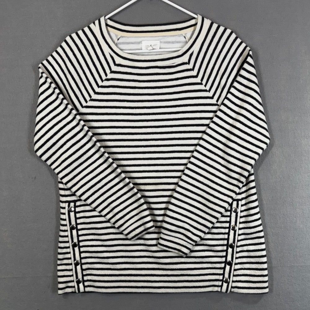 Lou & Grey Sweatshirt Women's M Ivory Black Striped Side Snap Coastal Pullover